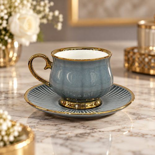 Modern Blue & Gold Ceramic Cup and Saucer Set 12 Piece