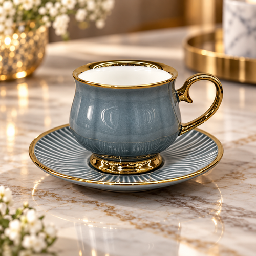 Modern Blue & Gold Ceramic Cup and Saucer Set 12 Piece