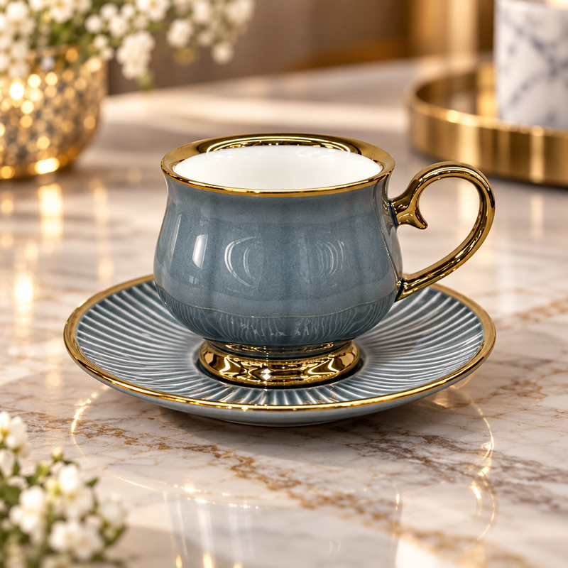 Modern Blue & Gold Ceramic Cup and Saucer Set 12 Piece