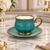 Elegant Green & Gold Ceramic Cup and Saucer Set 12 Piece