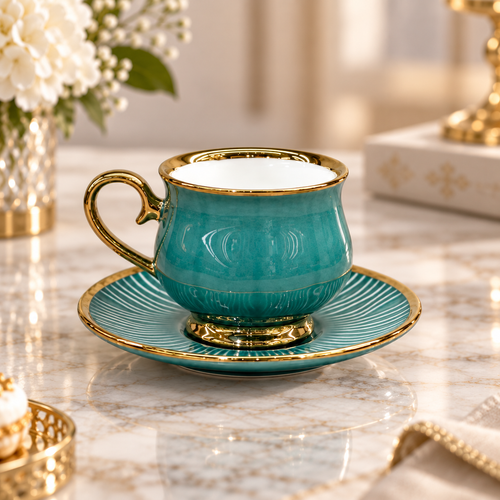 Elegant Green & Gold Ceramic Cup and Saucer Set 12 Piece
