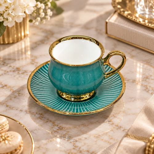 Elegant Green & Gold Ceramic Cup and Saucer Set 12 Piece