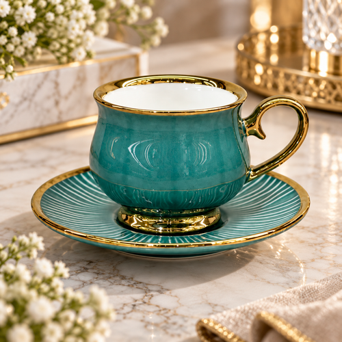 Elegant Green & Gold Ceramic Cup and Saucer Set 12 Piece