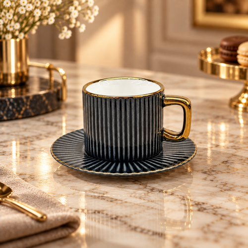 Modern Dark Grey Ribbed Cup and Saucer Set 12 Piece