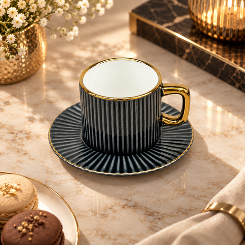 Modern Dark Grey Ribbed Cup and Saucer Set 12 Piece