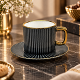 Modern Dark Grey Ribbed Cup and Saucer Set 12 Piece