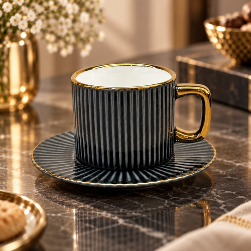 Modern Dark Grey Ribbed Cup and Saucer Set 12 Piece