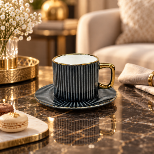 Modern Dark Grey Ribbed Cup and Saucer Set 12 Piece