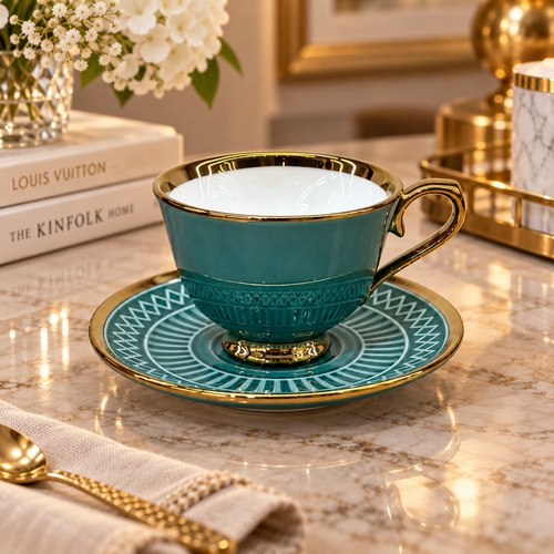 Modern Teal & Gold Textured Cup and Saucer Set 12-Piece