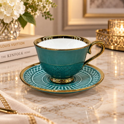 Modern Teal & Gold Textured Cup and Saucer Set 12-Piece
