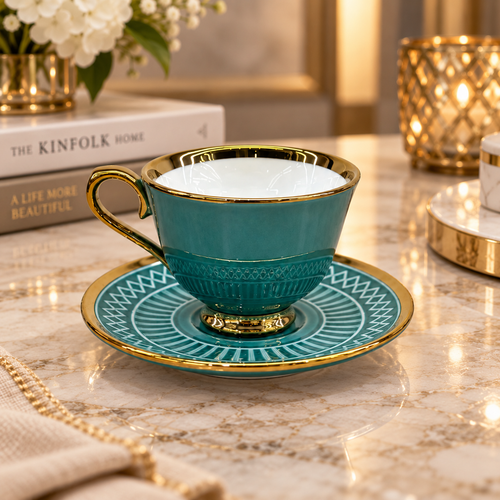 Modern Teal & Gold Textured Cup and Saucer Set 12-Piece