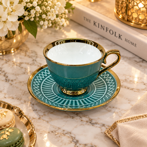 Modern Teal & Gold Textured Cup and Saucer Set 12-Piece