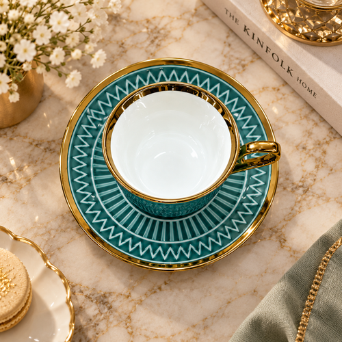 Modern Teal & Gold Textured Cup and Saucer Set 12-Piece