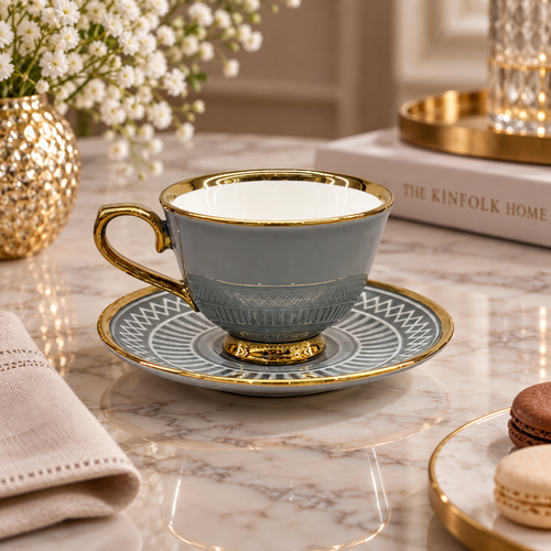 Elegant Slate Grey & Gold Textured Cup and Saucer Set 12 Piece