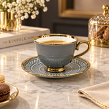 Elegant Slate Grey & Gold Textured Cup and Saucer Set 12 Piece