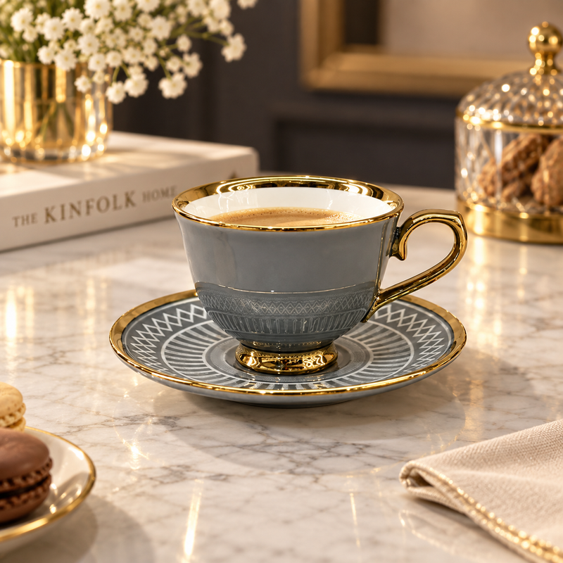 Elegant Slate Grey & Gold Textured Cup and Saucer Set 12 Piece