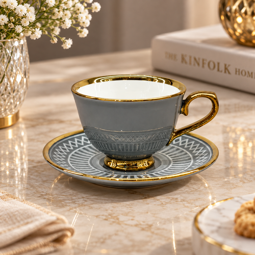 Elegant Slate Grey & Gold Textured Cup and Saucer Set 12 Piece
