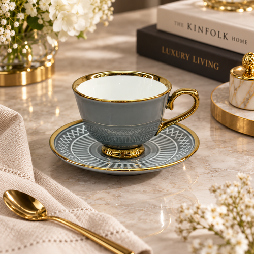 Elegant Slate Grey & Gold Textured Cup and Saucer Set 12 Piece