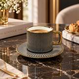 Elegant Grey Ribbed Cup and Saucer Set 12 Piece