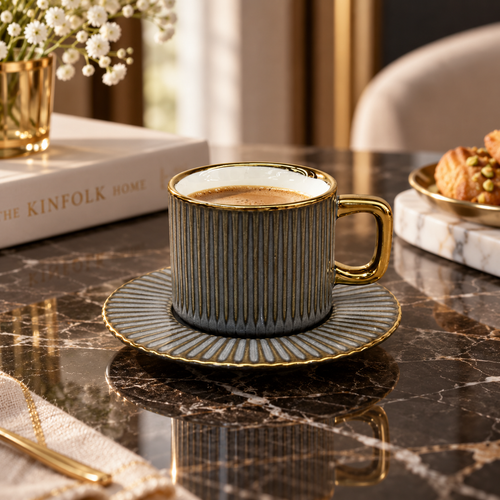 Elegant Grey Ribbed Cup and Saucer Set 12 Piece