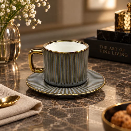 Elegant Grey Ribbed Cup and Saucer Set 12 Piece