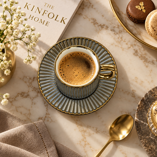 Elegant Grey Ribbed Cup and Saucer Set 12 Piece
