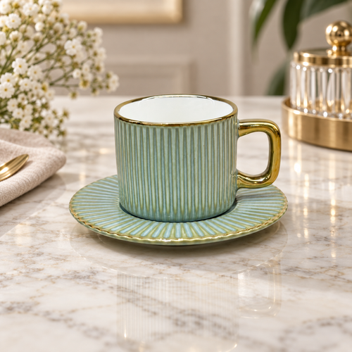 Elegant Mint Green Ribbed Cup and Saucer Set 12 Piece