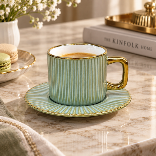 Elegant Mint Green Ribbed Cup and Saucer Set 12 Piece