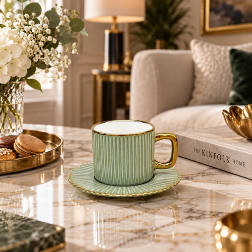 Elegant Mint Green Ribbed Cup and Saucer Set 12 Piece