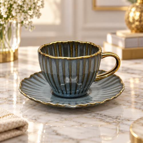 Dark Grey Ribbed Ceramic Cup and Saucer Set 12 Piece