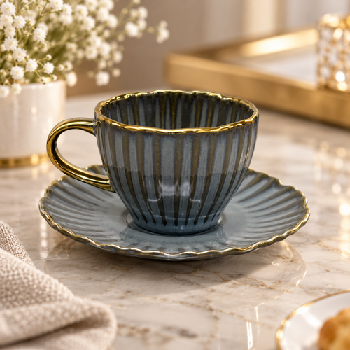 Dark Grey Ribbed Ceramic Cup and Saucer Set 12 Piece
