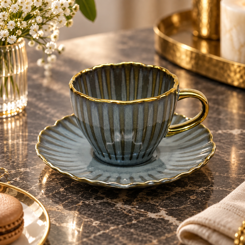 Dark Grey Ribbed Ceramic Cup and Saucer Set 12 Piece
