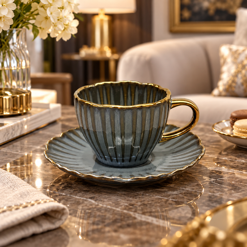 Dark Grey Ribbed Ceramic Cup and Saucer Set 12 Piece