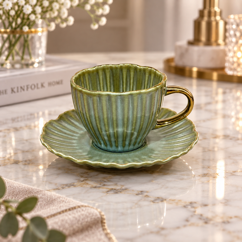 Elegant Sage Green Cup and Saucer Set 12 Piece