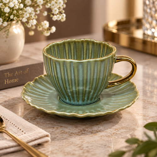 Elegant Sage Green Cup and Saucer Set 12 Piece