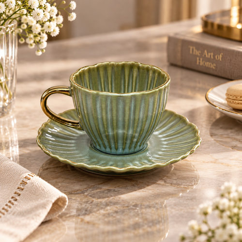 Elegant Sage Green Cup and Saucer Set 12 Piece