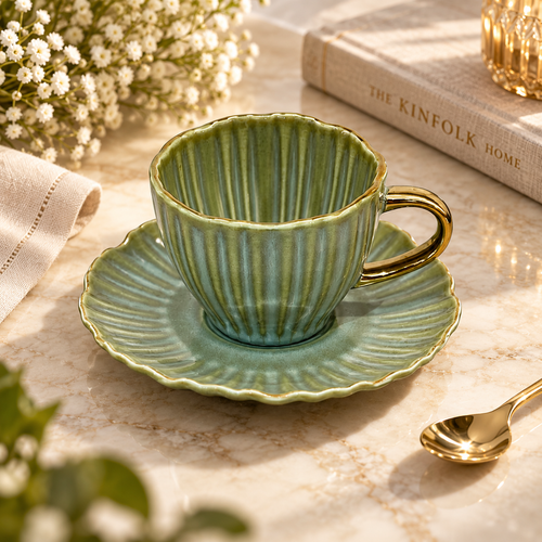Elegant Sage Green Cup and Saucer Set 12 Piece