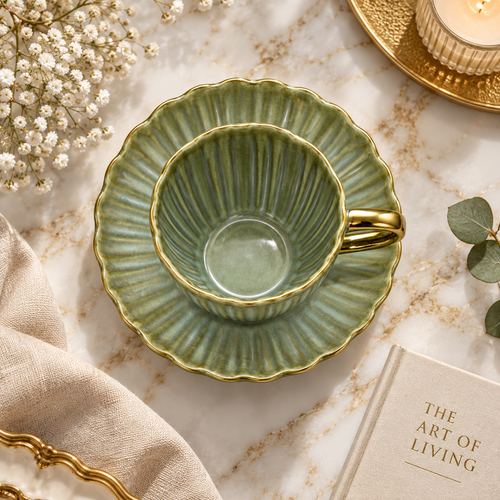 Elegant Sage Green Cup and Saucer Set 12 Piece