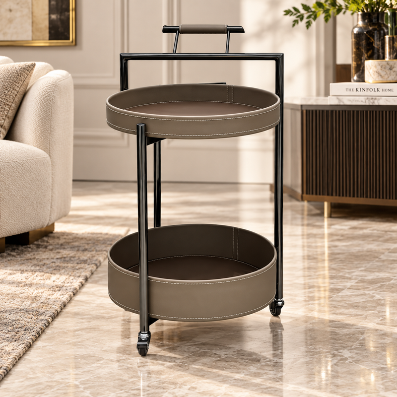 Modern 2 Layer Leatherette Serving Trolley Taupe Grey