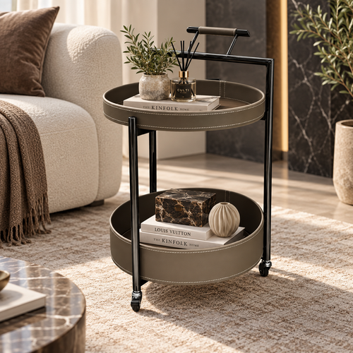 Modern 2 Layer Leatherette Serving Trolley Taupe Grey