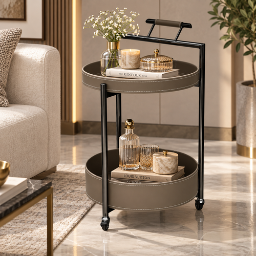 Modern 2 Layer Leatherette Serving Trolley Taupe Grey