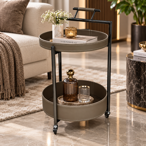 Modern 2 Layer Leatherette Serving Trolley Taupe Grey