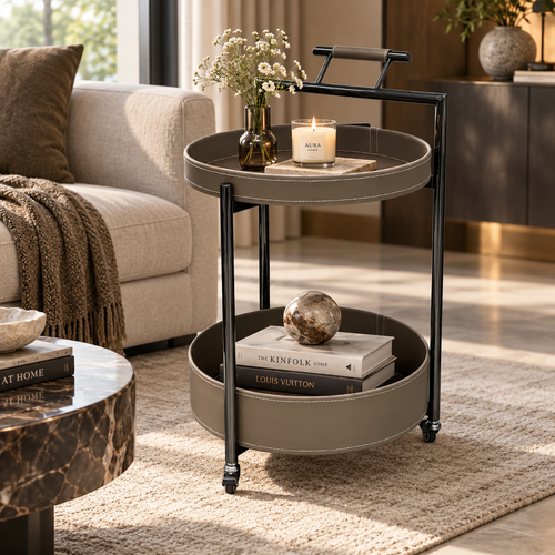 Modern 2 Layer Leatherette Serving Trolley Taupe Grey