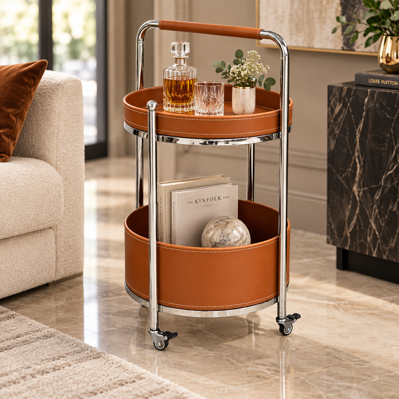 Modern 2 Layer Leatherette Serving Trolley Cognac Brown