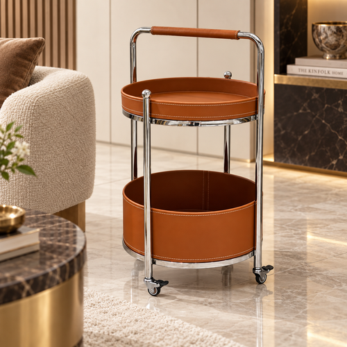 Modern 2 Layer Leatherette Serving Trolley Cognac Brown