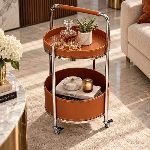 Modern 2 Layer Leatherette Serving Trolley Cognac Brown