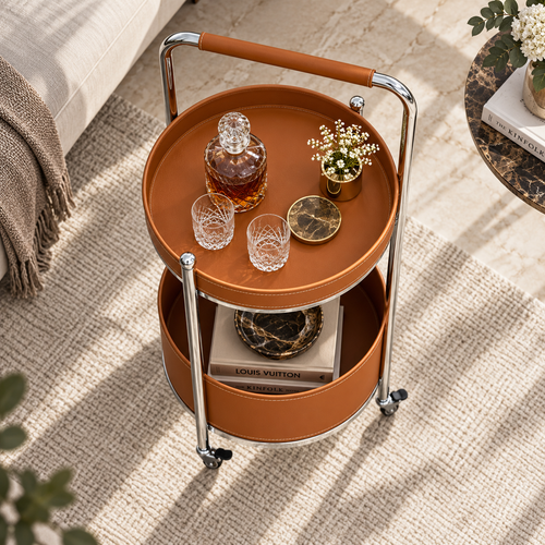 Modern 2 Layer Leatherette Serving Trolley Cognac Brown