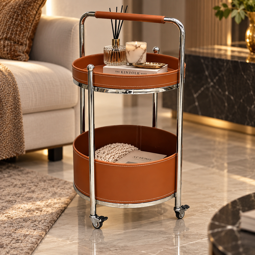 Modern 2 Layer Leatherette Serving Trolley Cognac Brown