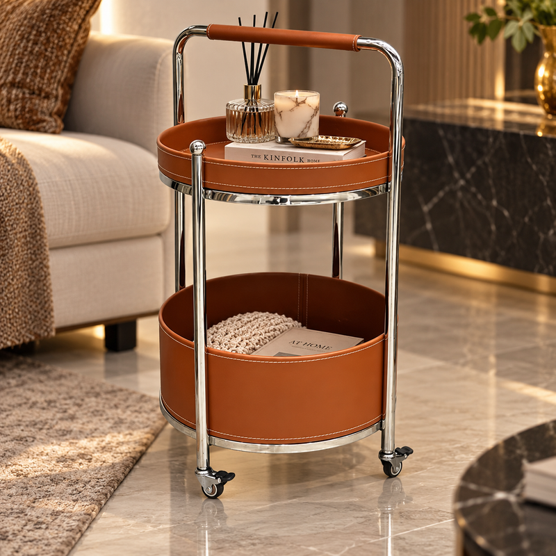 Modern 2 Layer Leatherette Serving Trolley Cognac Brown