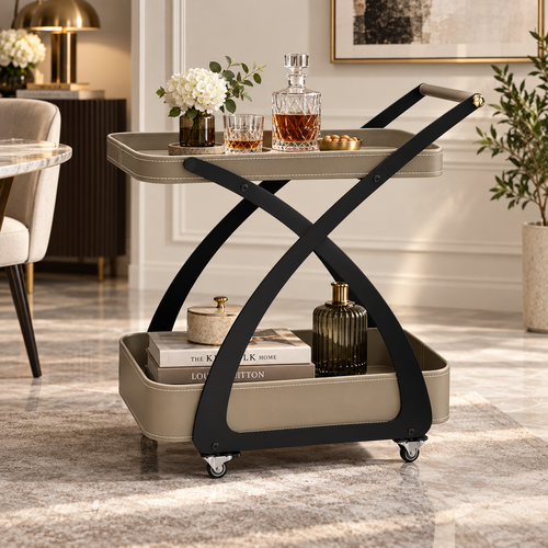 Modern 2 Layer Leatherette Cross Frame Serving Trolley Taupe